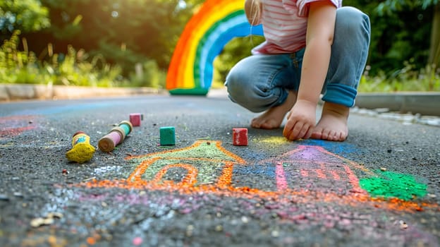 The child draws a house and a rainbow on the asphalt with chalk. Generative AI,