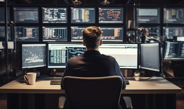 Rear view of technical operator employee man working with multiple computer monitors, digital displays in the system control room. Multitasking, technology concept.