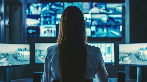 Rear view of technical operator employee woman working with multiple computer monitors, digital displays in the system control room. Multitasking, technology concept.