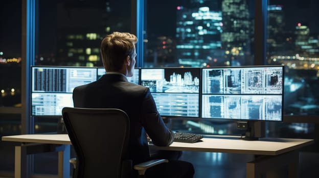 Rear view of technical operator employee man working with multiple computer monitors, digital displays in the system control room. Multitasking, technology concept.