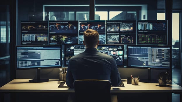 Rear view of technical operator employee man working with multiple computer monitors, digital displays in the system control room. Multitasking, technology concept.