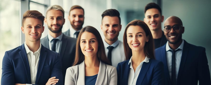 Portrait of happy group business people standing together in the office, business colleagues in business suit looking at camera