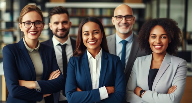 Portrait of happy group business people standing together in the office, business colleagues in business suit looking at camera