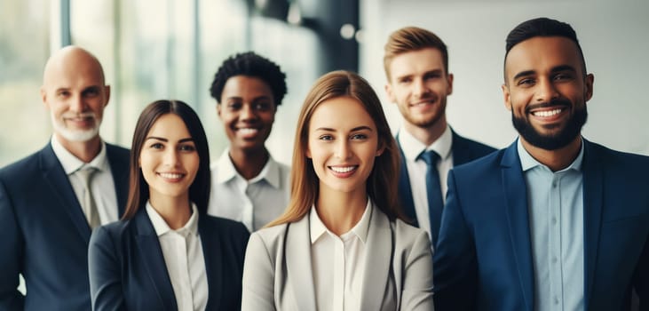 Portrait of happy group business people standing together in the office, business colleagues in business suit looking at camera