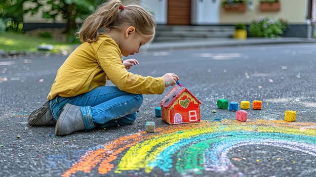 The child draws a house and a rainbow on the asphalt with chalk. Generative AI,