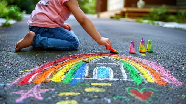 The child draws a house and a rainbow on the asphalt with chalk. Generative AI,