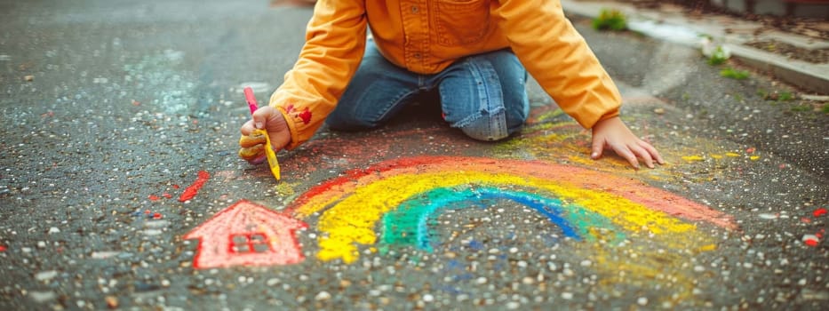 The child draws a house and a rainbow on the asphalt with chalk. Generative AI,