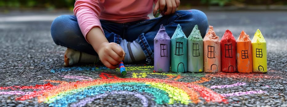 The child draws a house and a rainbow on the asphalt with chalk. Generative AI,