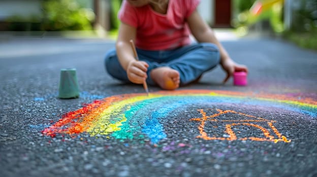 The child draws a house and a rainbow on the asphalt with chalk. Generative AI,