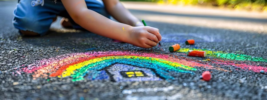 The child draws a house and a rainbow on the asphalt with chalk. Generative AI,