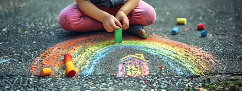 The child draws a house and a rainbow on the asphalt with chalk. Generative AI,