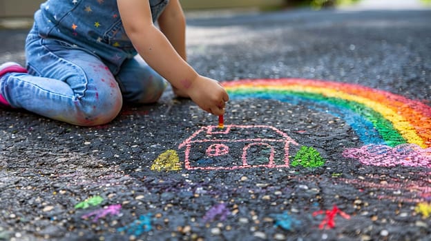 The child draws a house and a rainbow on the asphalt with chalk. Generative AI,