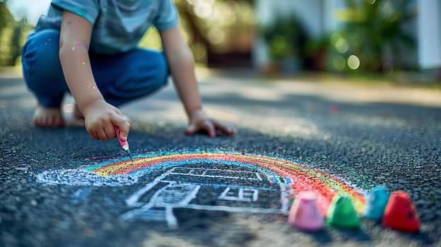 The child draws a house and a rainbow on the asphalt with chalk. Generative AI,