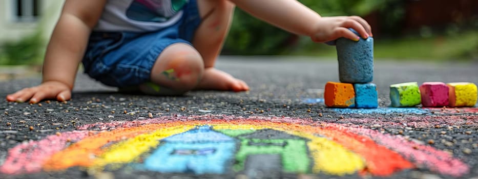 The child draws a house and a rainbow on the asphalt with chalk. Generative AI,