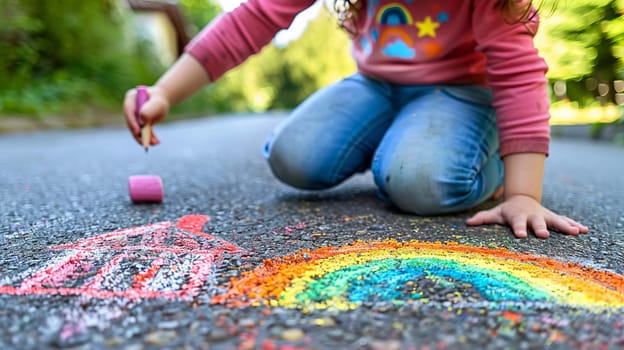 The child draws a house and a rainbow on the asphalt with chalk. Generative AI,