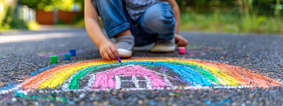 The child draws a house and a rainbow on the asphalt with chalk. Generative AI,