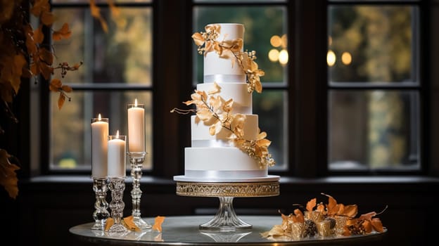 Wedding cake design, autumnal dessert styling and holiday decoration, multi-tier cake for an autumn event venue, food catering service and elegant country decor, cottage style inspiration