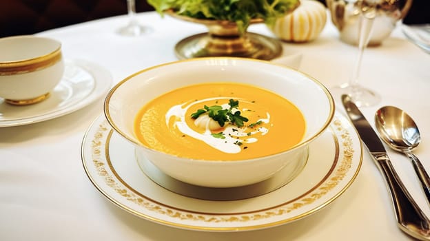 Vegetable soup in a restaurant, English countryside exquisite cuisine menu, culinary art food and fine dining experience