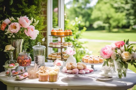 Dessert buffet with peony flowers, catering for wedding, party and holiday celebration, cakes and desserts in a countryside garden, post-processed, generative ai