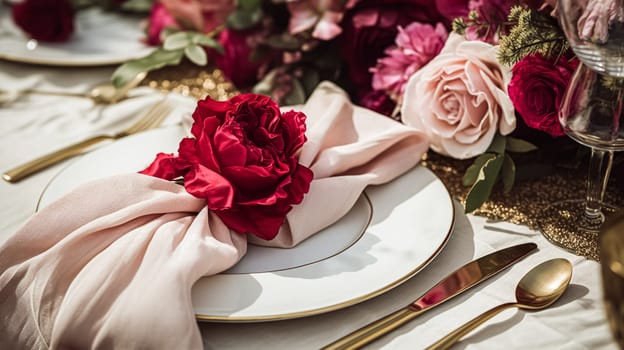 Wedding and event celebration tablescape with flowers, formal dinner table setting with roses and wine, elegant floral table decor for dinner party and holiday decoration, home styling idea