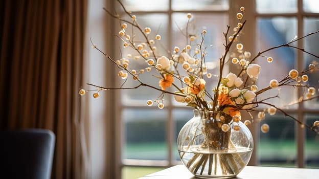 Beautiful floral arrangement with winter, autumn or early spring botanical plants and flowers