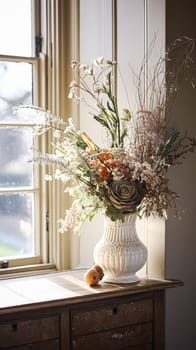 Beautiful floral arrangement with winter, autumn or early spring botanical plants and flowers