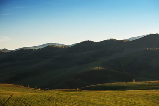 Autumn Siberian countryside landscape, with sunset sky