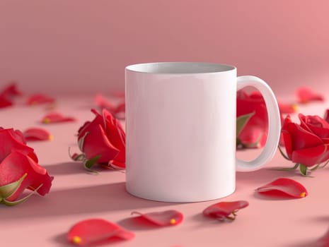 White coffee mug surrounded by roses on red background with customizable space for mockup. Mockup.