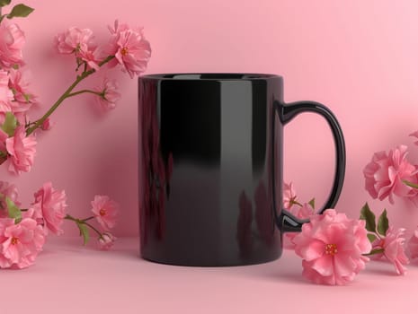 Black coffee mug surrounded by flowers with customizable space for mockup