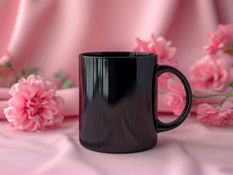 Black coffee mug surrounded by flowers with customizable space for mockup.