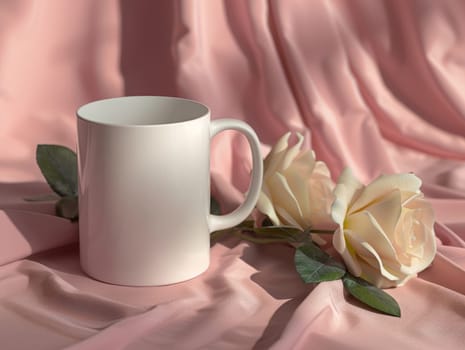 White coffee mug surrounded by roses on pink background with customizable space for mockup.