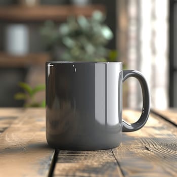 Black coffee mug on wooden table with customizable space for mockup.