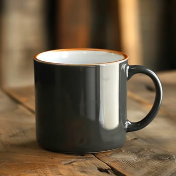 Grey coffee mug for mock up on wooden table background. Mockup and copy space.