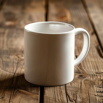 White coffee mug for mock up on wooden table background. Mockup and copy space concept.