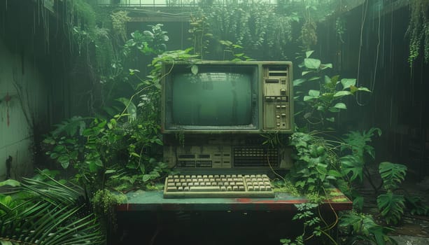 The old computer is nestled amongst a variety of terrestrial plants in a room, creating a unique natural landscape display with a touch of technology