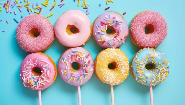 A row of colorful doughnuts with sprinkles on an electric blue background, showcasing a variety of sweet baked goods made from dough, a key ingredient in many cuisines