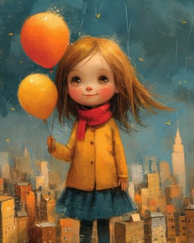 An illustration of a little girl happily holding two balloons against a beautiful sky background, created with paint as a visual arts piece