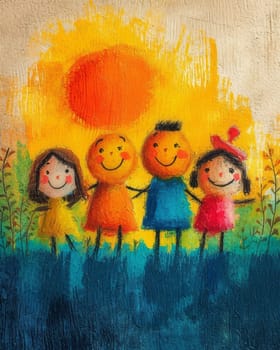 happy children standing in front of the sun, acrylic paint style, na ve colors, colorful in 3k
