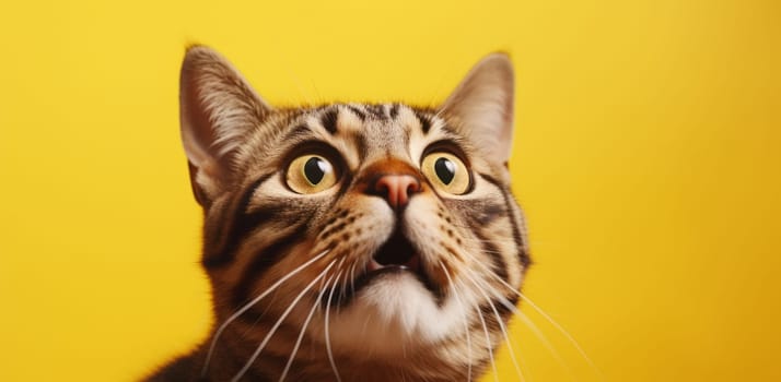 Close-up portrait of surprised cat isolated on yellow background with copy space, in the studio shot in 5k