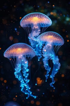 Three jellyfish are floating in the dark blue water. The jellyfish are illuminated by a light source, creating a beautiful and serene atmosphere