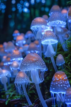 Three jellyfish are floating in the dark blue water. The jellyfish are illuminated by a light source, creating a beautiful and serene atmosphere