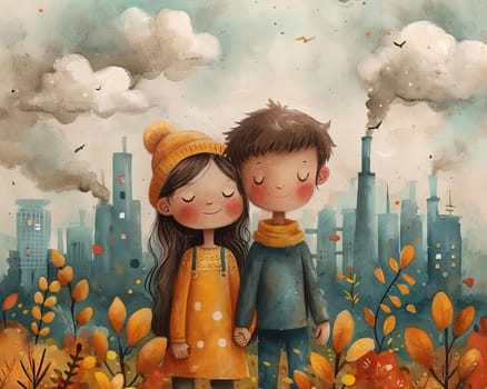 A cute cartoon couple in love, a boy and girl standing side by side holding hands with closed eyes surrounded by clouds in 3k