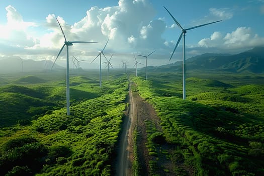 Wind power plant and technology. Smart grid. Renewable energy. Sustainable resources.