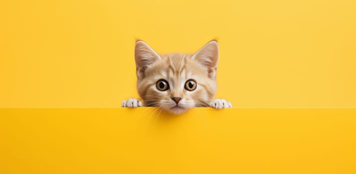 cute cat peeking from behind yellow banner, isolated on solid color background