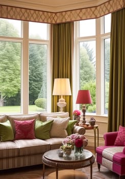 Sitting room decor, interior design and house improvement, living room with large window and pink home decor accents in English country house and elegant cottage style, post-processed, generative ai