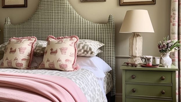 Beautiful English cottage bedroom interior with pink and sage green decor
