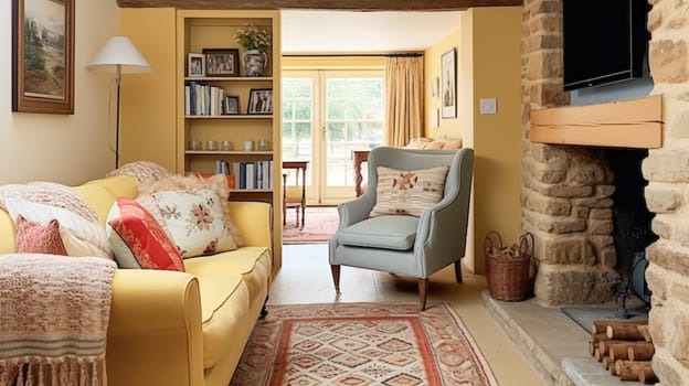 Yellow cottage sitting room, living room interior design and country house home decor, sofa and lounge furniture, English countryside style interiors