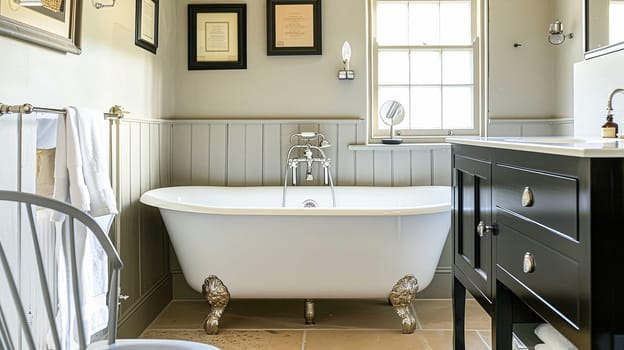 Cotswolds cottage style bathroom decor, interior design and home decor, bathtub and bathroom furniture, English countryside house