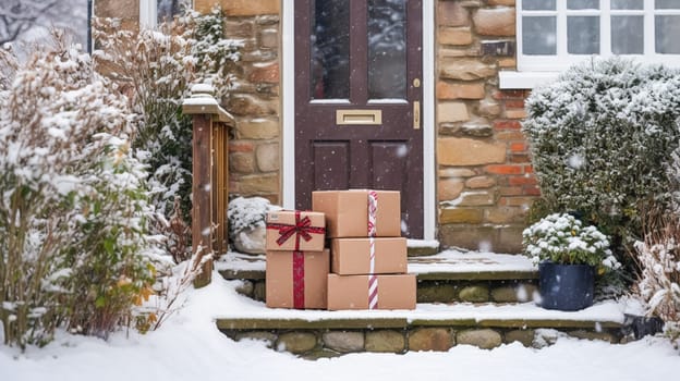 Christmas gifts delivery, postal service and holiday presents online shopping, wrapped parcel boxes on a country house doorstep in a snowing winter, post-processed, generative ai