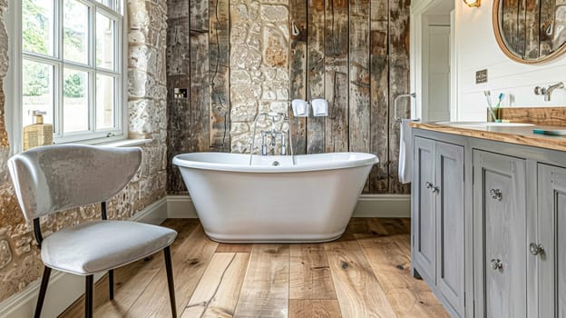 Cotswolds cottage style bathroom decor, interior design and home decor, bathtub and bathroom furniture, English countryside house